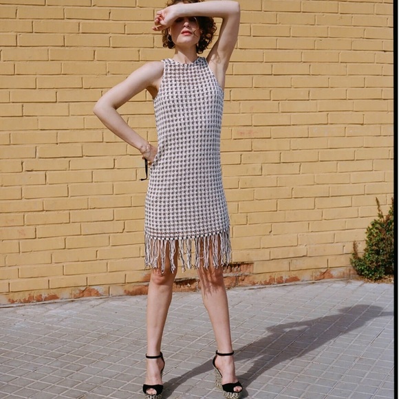 Mango Crochet Knit Dress with Finge Hem Navy and Cream Size XS - Picture 2 of 13